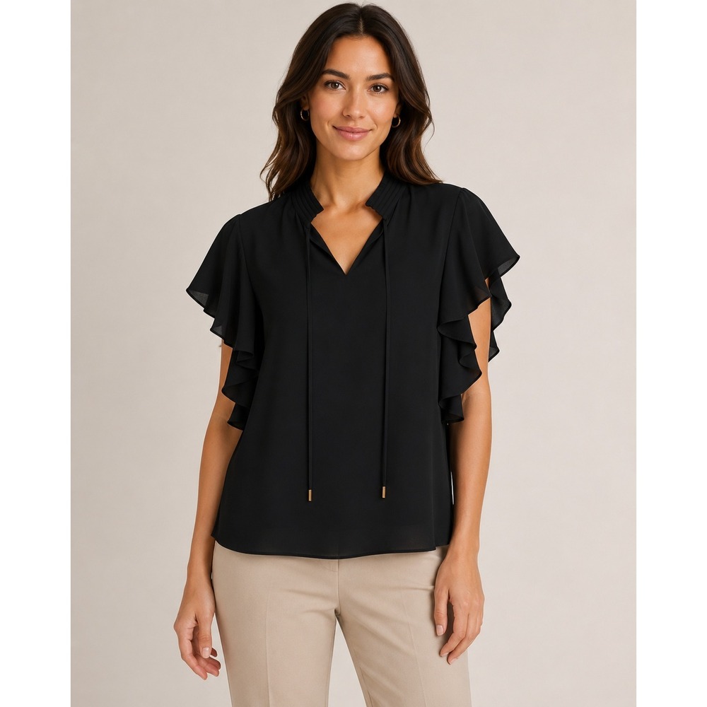 T Tahari Black Ruffle Sleeve Blouse XS Petite Sheer Overlay Top